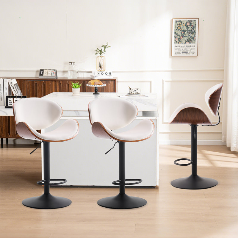 Swivel Adjustable Height Bar Stools Pu Leather Counter Stools With Bentwood Back For Bar, Kitchen And Dining Room, White, 3