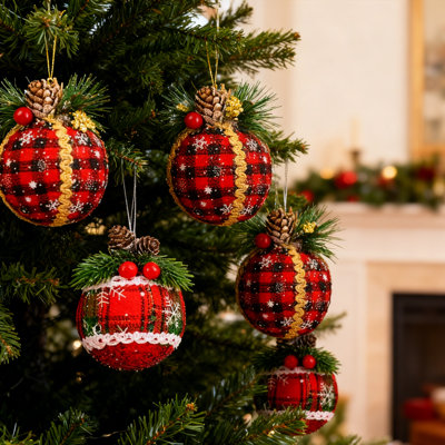 6 pièces de boules de Noël écossaises, 3,15 pouces de guingan avec des pommes de pin et des feuilles vertes, décoration de Noël, boules suspendues avec arbre de Noël, style C