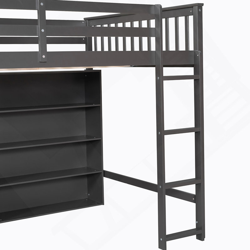 Loft Bed With  Open Storage Shelves And Built-In Ladder