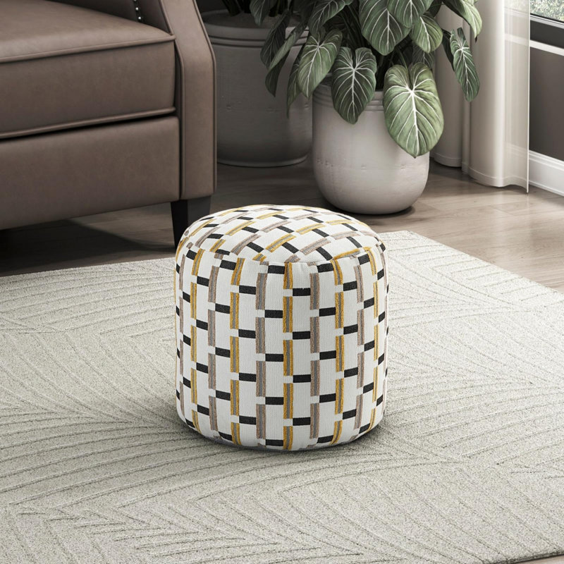 Pouf cylindrique en jacquard moderne et contemporain de 16 po de diamètre avec rembourrage en billes de polystyrène Ari
