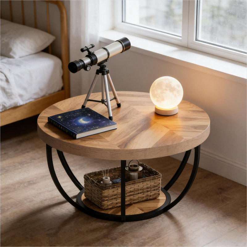 Table basse ronde de 31,5 pouces, minimaliste moderne, bois d'ingénierie avec base en acier, 17.65" H x 31.48" W x 31.47" D