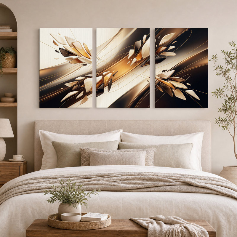Ensemble de 3 toiles murales abstraites représentant des fragments géométriques dorés et noirs, 18"H x 12"W x 3pcs