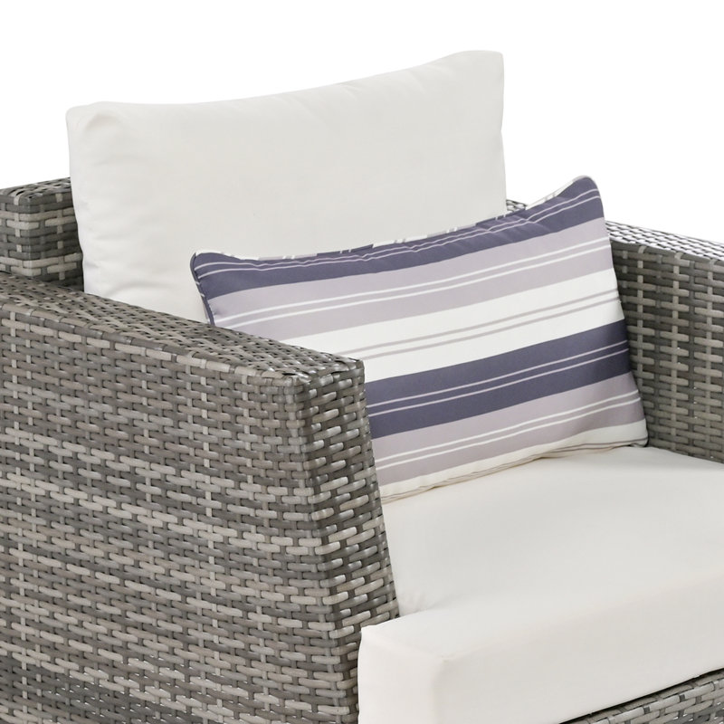 Ensemble de canapé en osier 6 pièces, canapé d'extérieur en rotin avec coussins, plateau en bois avec pieds en bois, beige et gris