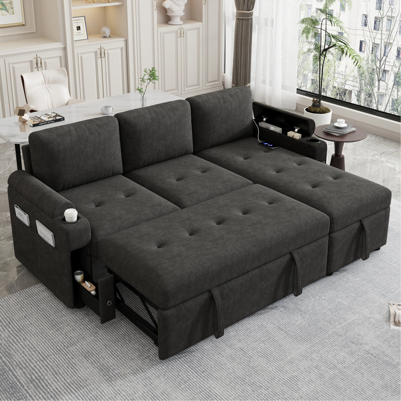 83.5" L-Shaped Sofa Couch Convertible Sofa Bed Sectional Sofa With Ample Storage Space, Two Cup Holders And Two USB Ports For Living Room, Black