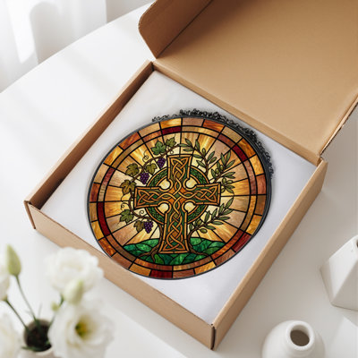 Celtic Cross Stained Glass Window Panel，7.8H