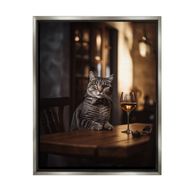 «Classy Cat With Wine Floater Frame» par Ziwei Li sur toile, Cadre flottant gris lustré, H 21 po x l 17 po
