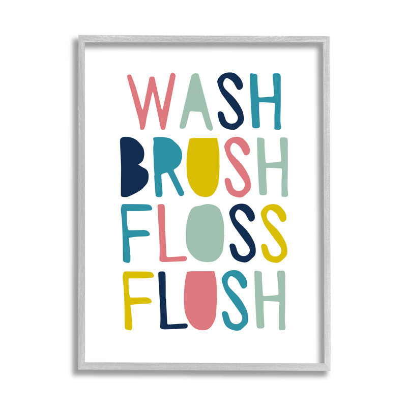 Wash Brush Floss Flush Typography Gray Farmhouse Rustic Framed Giclee Texturized Art by Border Bloom, 11" W x 14" H