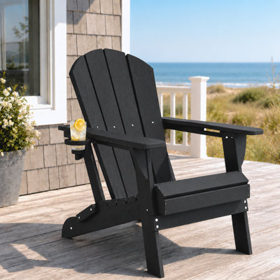 Chaises Adirondack pliantes en PEHD, texture bois, porte-gobelet, matériau PEHD toutes saisons
