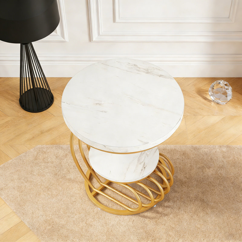 Table d'appoint à 2 niveaux en faux marbre avec tablette de rangement, Blanc et or
