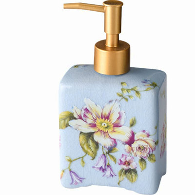 Vintage Blue Rose Ceramic Soap Dispenser - 12 Oz Antique Floral Lotion Pump for Kitchen & Bathroom Decor