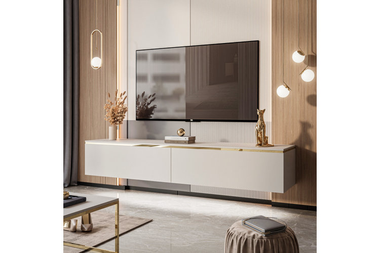 modern living room with a floating TV stand surrounded by two sets of lamps