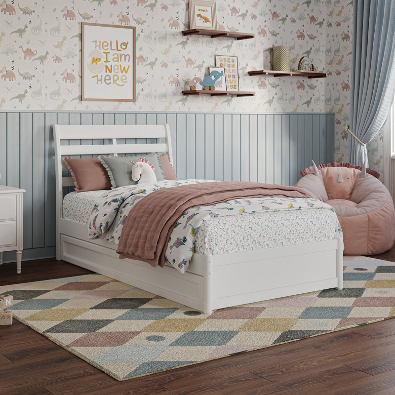 Lamareon Solid Wood Platform Bed with Footboard & Roll Out Trundle Bed, White, Twin