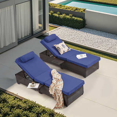 2-Pack Adjustable Outdoor Lounge Chairs, Poolside Chaise Lounge With 5-Position Backrest, Thick Cushion & Cup Holder, All-Weather PE Rattan Patio Furn