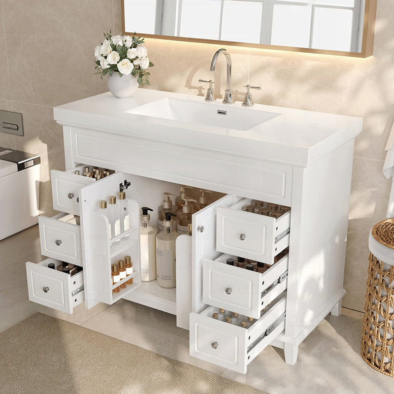 Meuble-lavabo de salle de bain avec lavabo en résine, portes doubles à 6 tiroirs à fermeture en douceur, pieds en pin massif pour un rangement durable