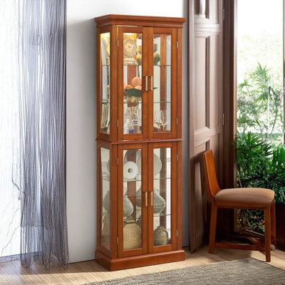 Lighted Curio Display Cabinet With Adjustable Glass Shelves & Mirrored Back