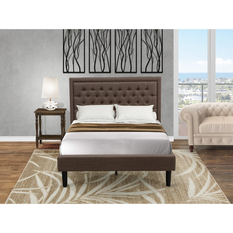 Ensemble de lit double 2 pièces - 1 base de lit plateforme en tissu de lin brun capitonné et tête de lit capitonnée à boutons avec 1 table de chevet