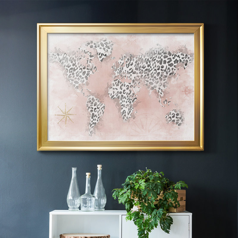 " Pink Cheetah Map ", Gold, 14" H x 20" W x 1.5" D