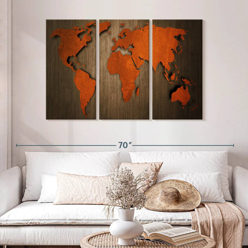Ancienne carte du monde en bois Aliaz, H 32 po x l 50 po