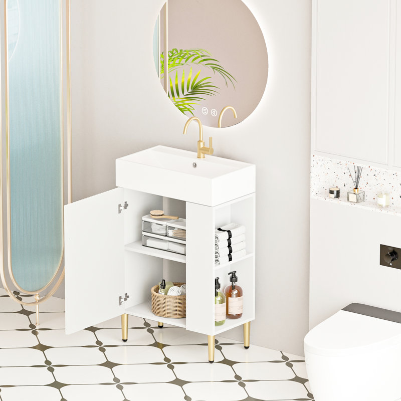 Meuble-lavabo de 21,6 po avec lavabo en céramique, tablette ouverte à droite, finition imperméable 24vb06-21whr, porte de rangement blanche, design élégant