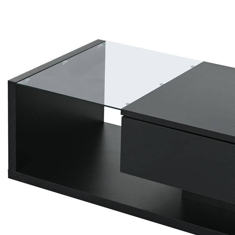 Table basse moderne, table basse en bois avec surface UV ultrabrillante, table centrale rectangulaire moderne à 2 niveaux pour le salon