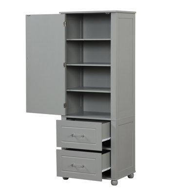 Grande armoire de rangement pour salle de bain, armoire de rangement autoportante avec deux tiroirs et tablette réglable, panneau de fibres à densité moyenne avec finition peinte, gris