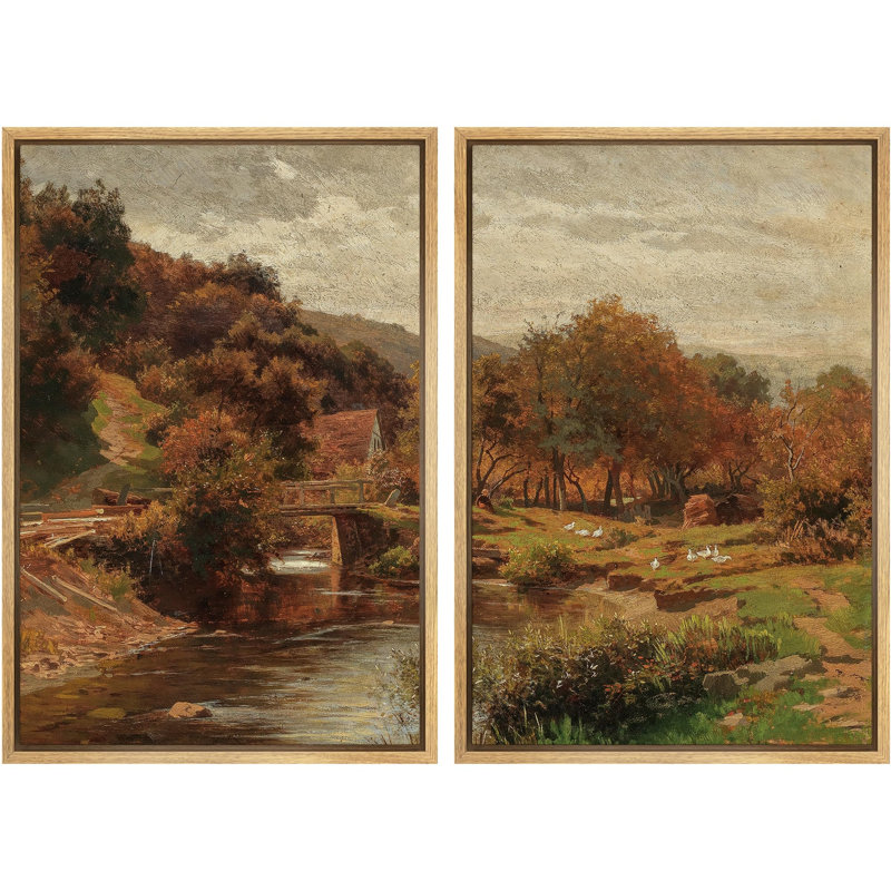 «Rustic Countryside & River Bridge Prints Pastoral Landscape Nature Wilderness Illustration Decor», 2 pièces, Encadré naturel