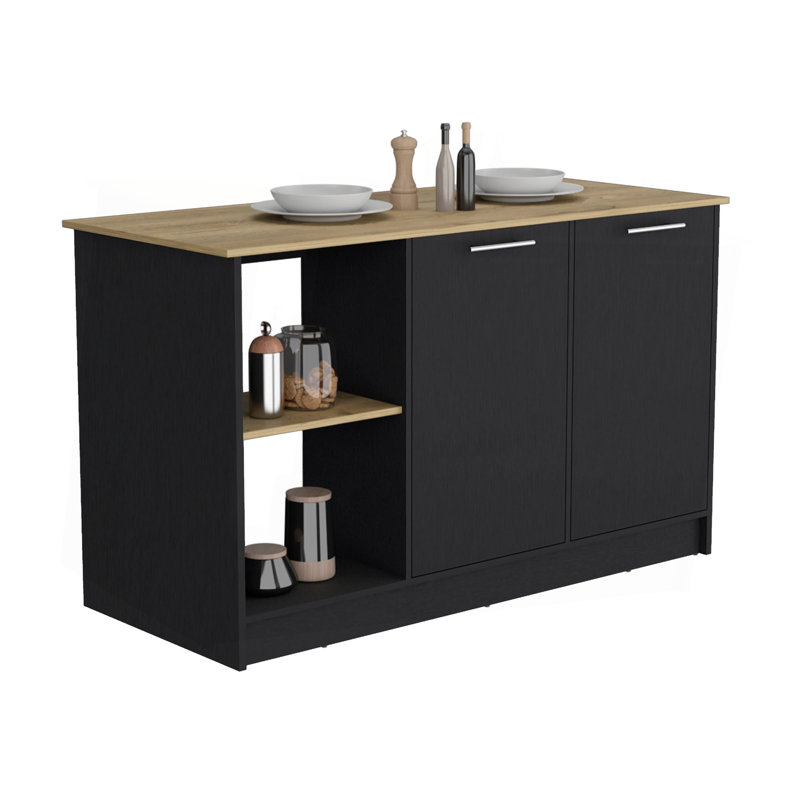 Kitchen Island With Large Countertop, Open Storage Shelves And Double Door Cabinet, 35.43" H x 59" W x  25.19" D, Black/Brown