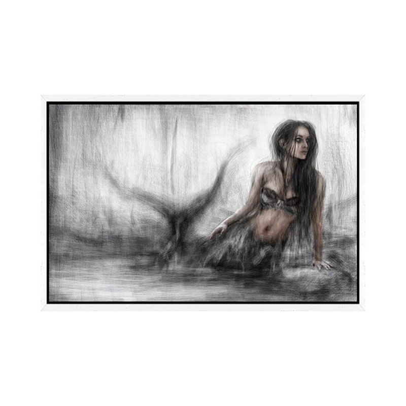 Mermaid by Justin Gedak - Print on Canvas, 101.6cm H x 152.4cm W x 3.81cm D, White Framed