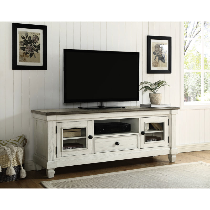 Meuble télé console Living Space, blanc antique et brun rosé, avec tiroir de rangement, hauteur 127-150 cm, en bois