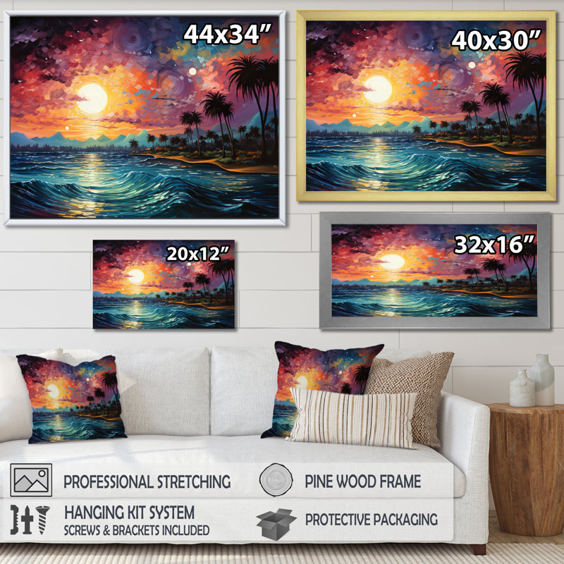 «Colorful Bold Palm Trees Landscape I», reproduction sur toile, H 34 po x l 44 po x P 1,5 po, Cadre flottant noir