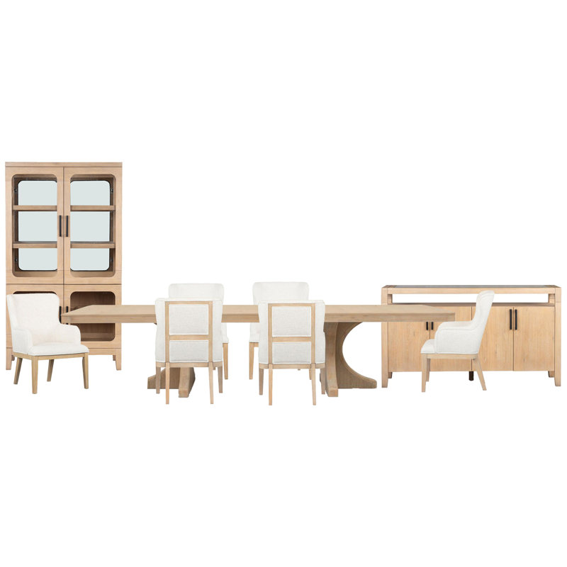 Extendable Trestle Dining Table With 6 Arm Chairs Sideboard And Curio, 9 Pieces: Table, 6 Chairs, Sideboard, Curio