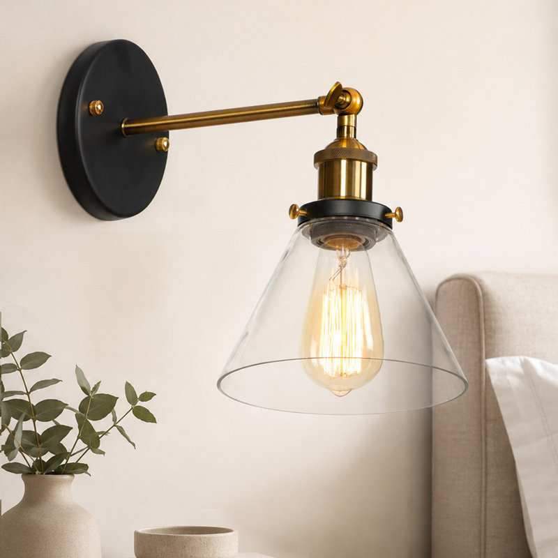 Lockett  1 - Light Glass Shade Classic Armed Wall Sconce, Black/Brass
