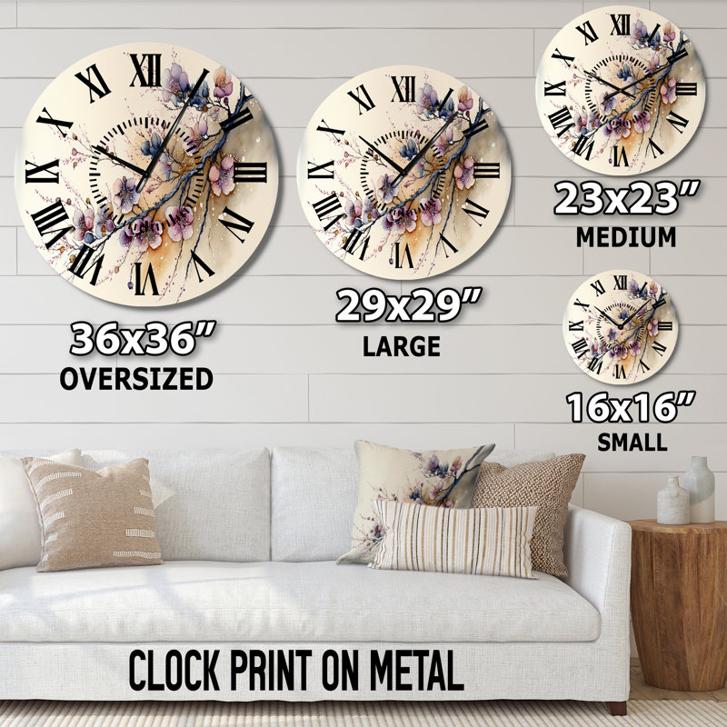 Horloge murale rose et prune cerisier en fleurs, Surdimensionné