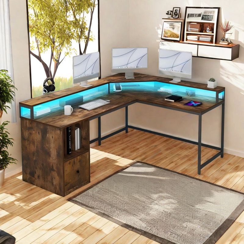 Monge 67'' L-Shape Wood Desk Computer Table with LED Light & Power Outlets, Brown/Black