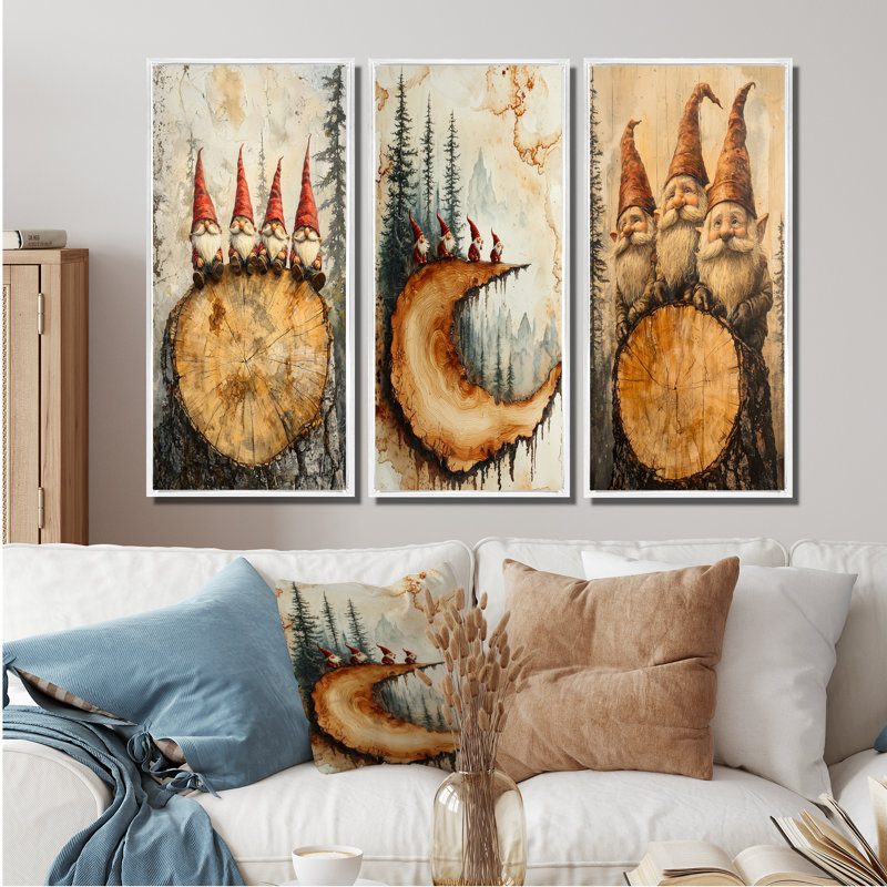 Portrait de gnomes, famille dans une forêt I - Collection d'art mural gnome, H 28 po x l 36 po, Impression encadrée flottante