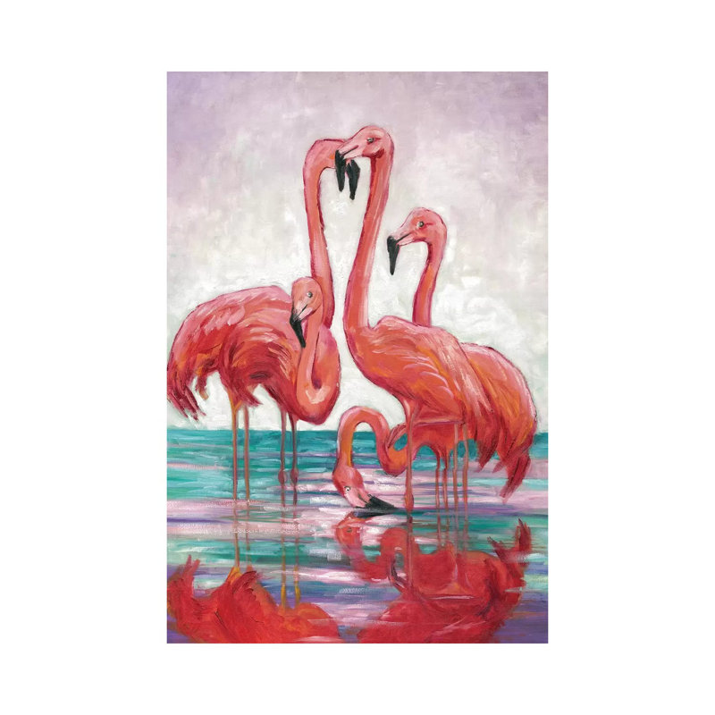 Cinq flamants roses par Malenda Trick - peinture sur toile tendue, H 26 po x l 18 po x 1,5 po