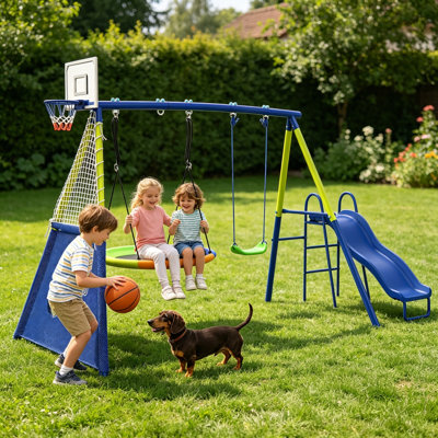 Ensemble de balançoire en métal 5-en-1 pour cour arrière, aire de jeu extérieure pour enfants avec glissade, soucoupe et balançoires à ceinture simple, panier de basketball + but de soccer, cadre en A robuste pour les enfants de 3 à 10 ans