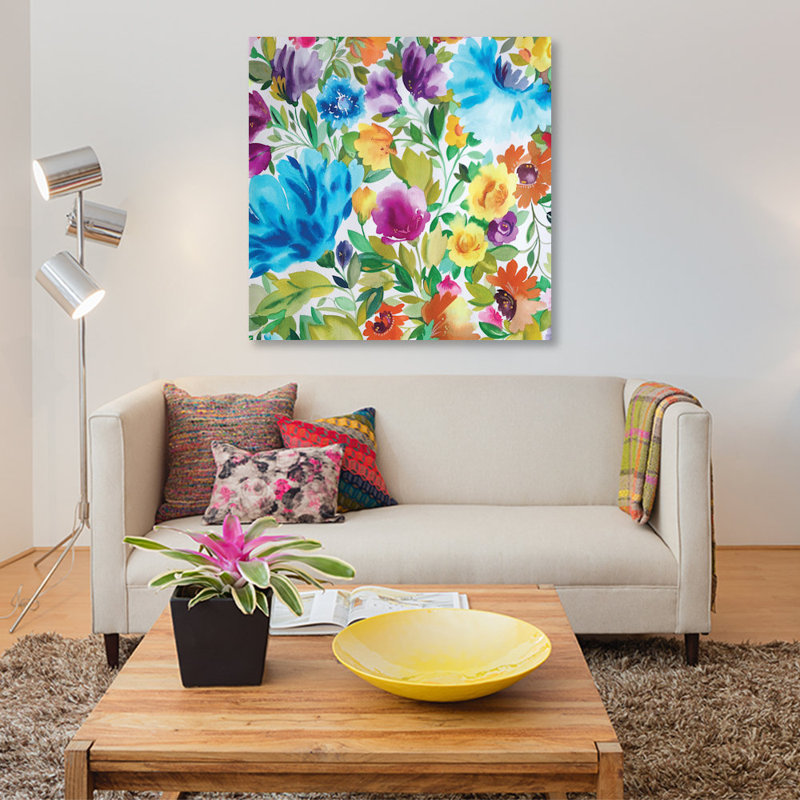 «Zinnias», reproduction sur toile, H 26 po x l 26 po x P 1,5 po, Toile tendue, Pas de tapis