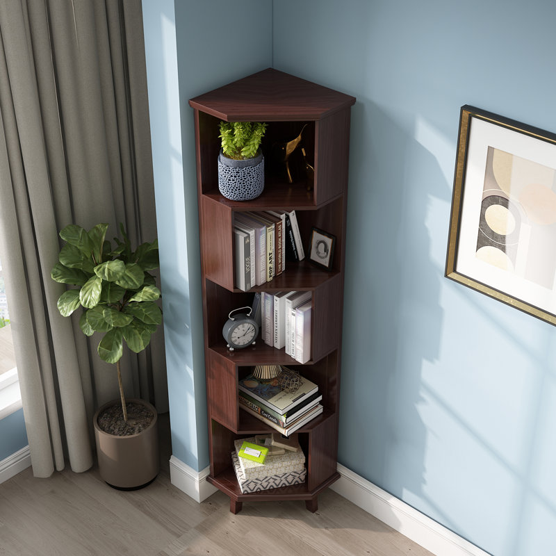 Solid Wood Corner Bookcase, Brown, (5 Shelves) 182.1cm H x 44.5cm W x 44.5cm D