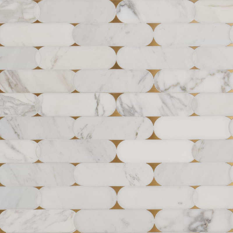 Norway Thassos 2X6 Polished Marble And Pearl Mosaic Tile, Calacatta White