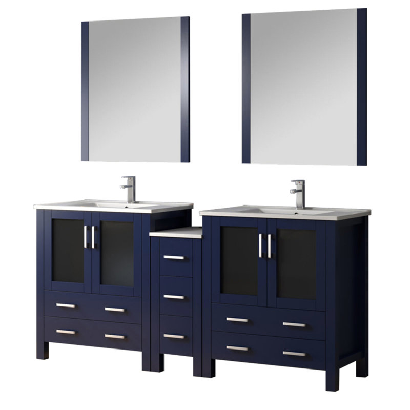 72 po Grand meuble-lavabo double large bleu marine avec comptoir en céramique blanc, robinet, tiroirs à fermeture en douceur et rangement latéral pour salle de bain bien organisé avec robinet, fonction, surface