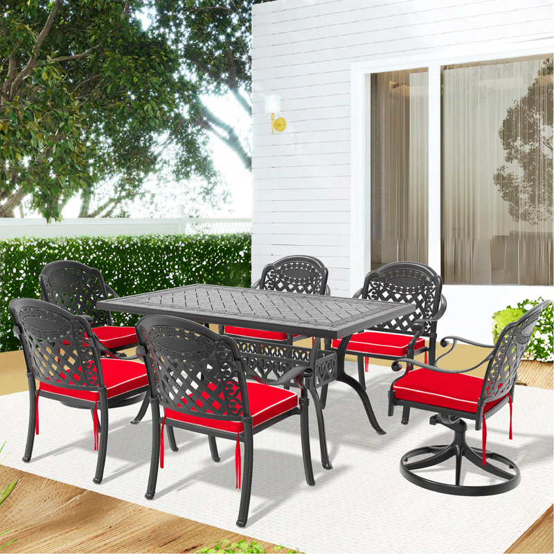 Ensemble de salle à manger 7 pièces en fonte d'aluminium toutes saisons comprenant 2 chaises pivotantes, 4 chaises et une table rectangulaire avec cadre noir