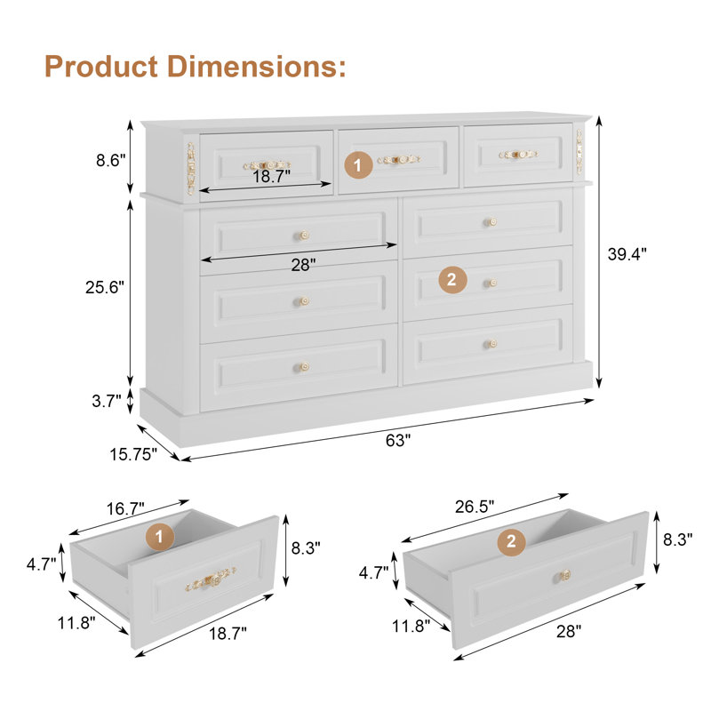 Extra Large 9 Drawers Dresser With Gold Knobs, 63" Wide Long Dresser For Bedroom, White