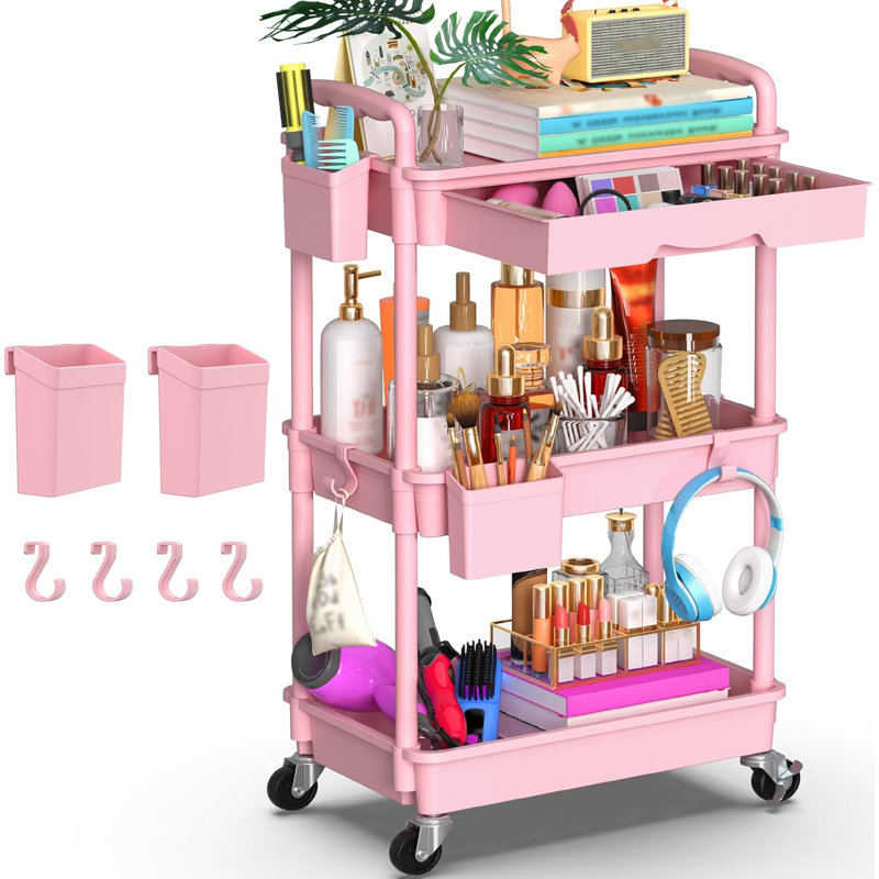 3-Tier Rolling Utility Cart With Removable Drawer, 360° Swivel & Lockable Wheels, Heavy-Duty Storage Organizer For Bathroom, Kitchen, Craft, Makeup, Baby Essentials