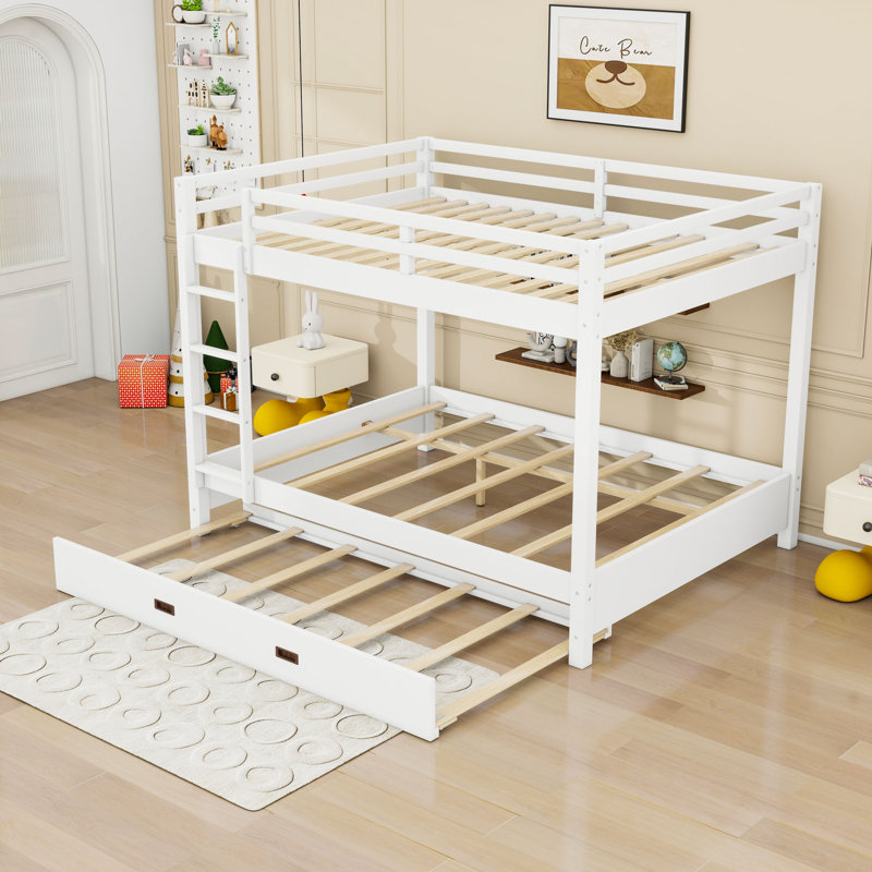 Queen Over Queen Wood Bunk Bed With Trundle, White
