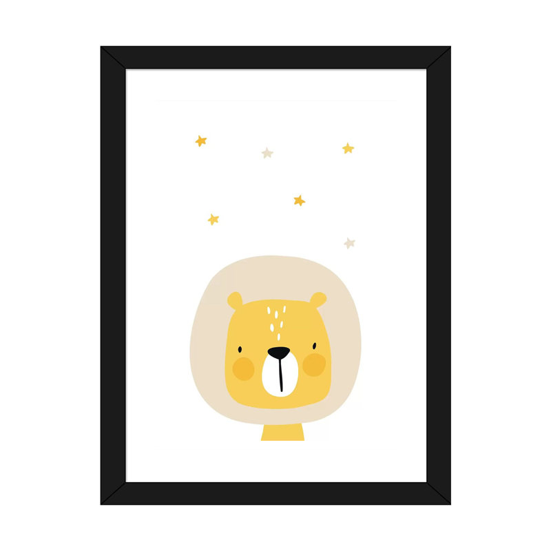 Lion avec étoiles - impression d'art graphique, H 24 po x l 16 po x P 1 po, Papier encadré noir, Blanc