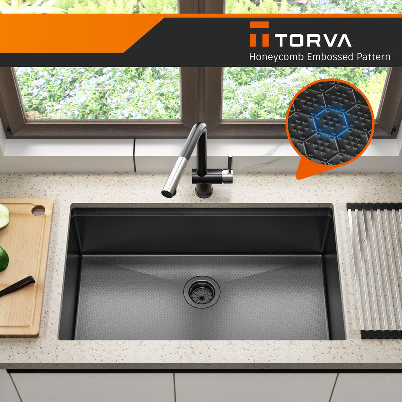 Évier de cuisine encastrable 32 pouces - Acier inoxydable de calibre 16, finition nid d'abeille PVD, cuve simple avec planches à découper et supports - Gris foncé