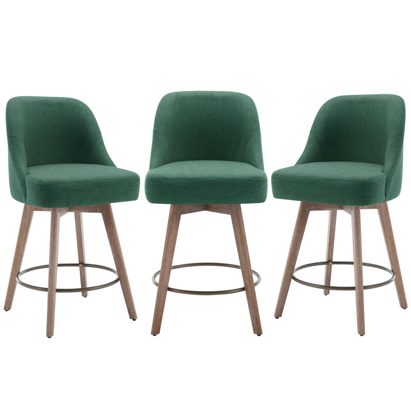 Green Upholstered Swivel Counter Stools with Wood Legs, Set of 3