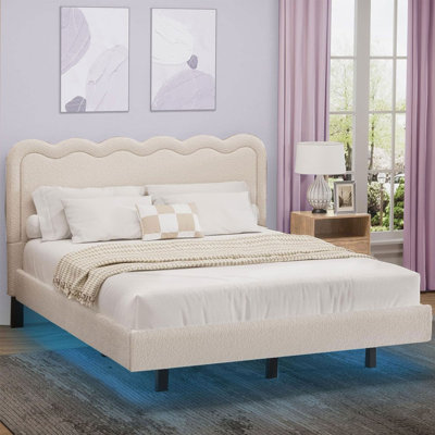 Queen Size Boucle Bed Frame With Led Lights, Floating Bed Frame With Waved Headboard & Sturdy Metal Frame, No Box Spring Required, Noise-Free, Easy Assembly,With White 8 Inch Queen Size Mattress