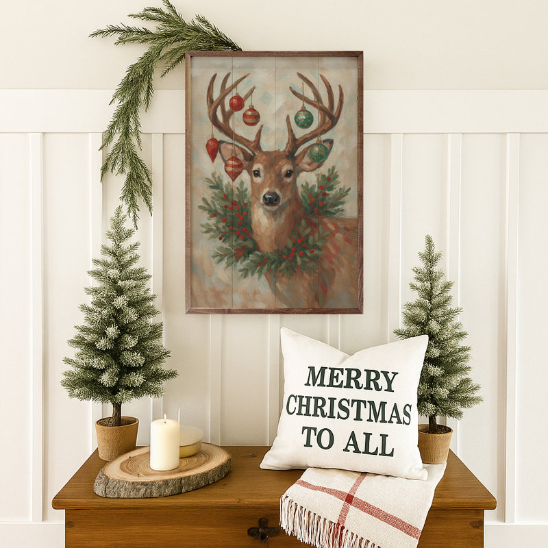 Cerf de Noël avec couronne de Noël, H 36 po x l 24 po